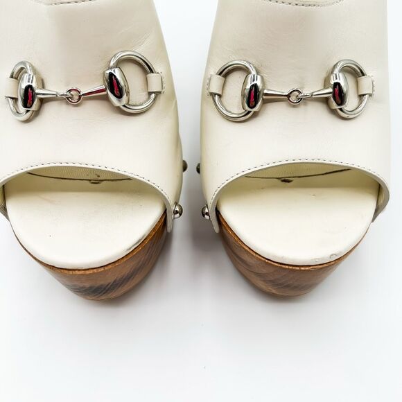 Gucci Horsebit White Mules Platform Leather Wooden Heels Sandals 38.5, 8.5 - Picture 5 of 15